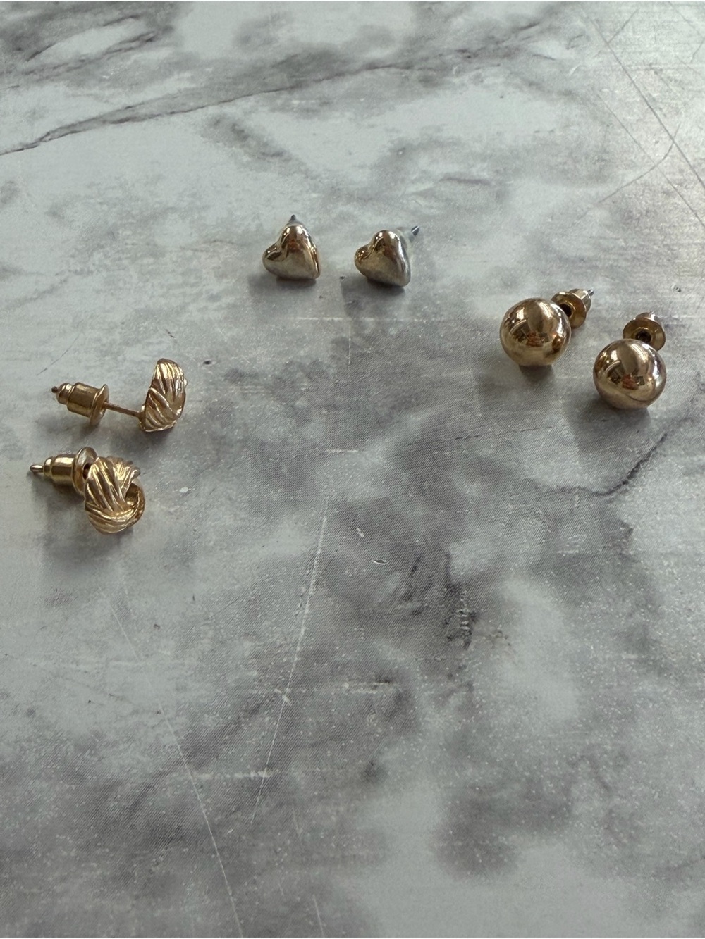 Gold Stud Earring Trio - Heart, Knot & Ball